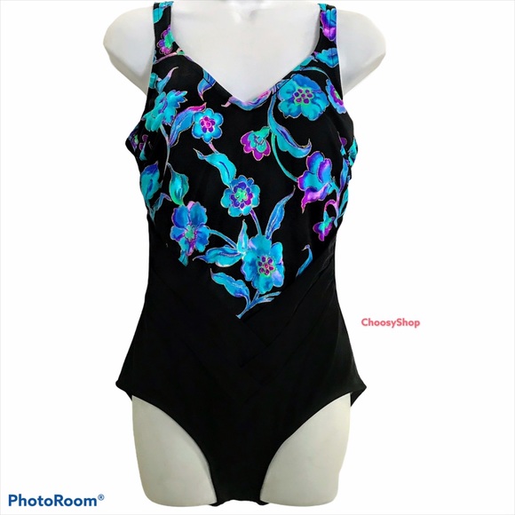 Slimming 1Piece SwimSuit Builtin Underwire Carol Wior Black Green Purple Shirred - Picture 9 of 16